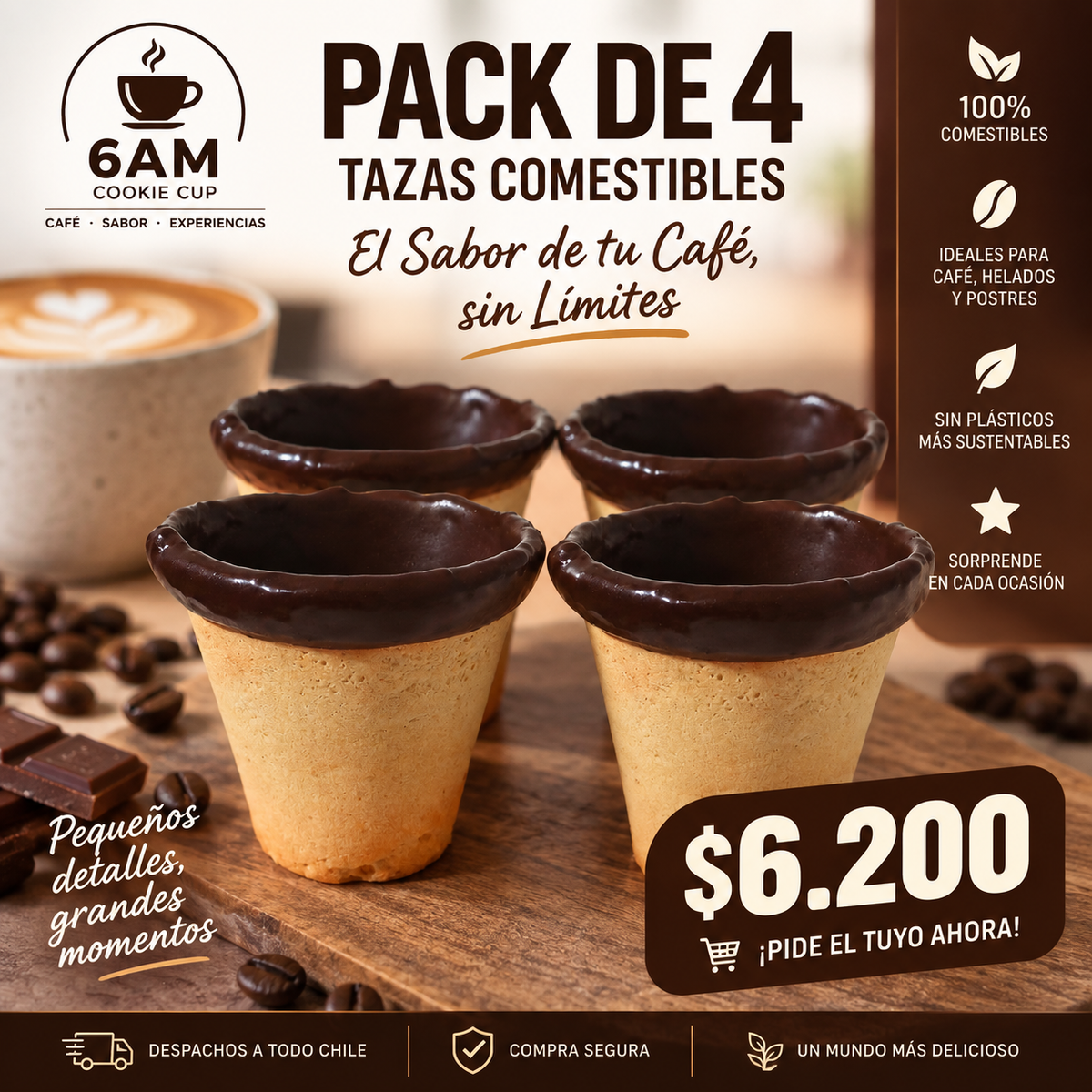 Pack de 4 tazas comestibles 6AM Cookie Cup